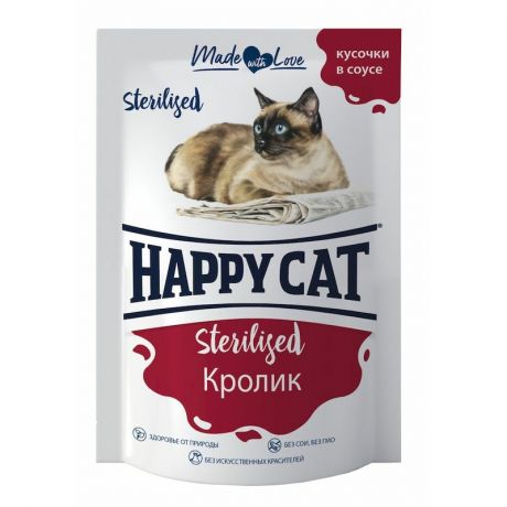 HAPPY CAT Happy Cat влажный корм для стерилизованных кошек, с кроликом, кусочки в соусе, в паучах - 100 г