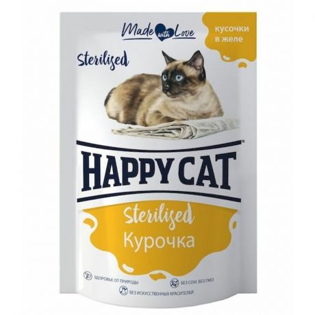 HAPPY CAT Happy Cat влажный корм для стерилизованных кошек, с курицей, кусочки в желе, в паучах - 100 г