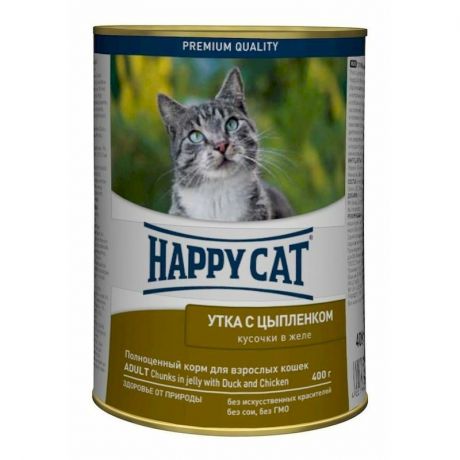 HAPPY CAT Happy Cat влажный корм для кошек, с уткой и цыпленком, кусочки в желе, в консервах - 400 г