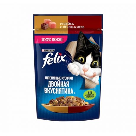 Felix Felix влажный корм для взрослых кошек, с индейкой и печенью, в желе, в паучах - 75 г