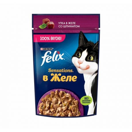 Felix Felix Sensations влажный корм для взрослых кошек, с уткой и шпинатом, в желе, в паучах - 75 г