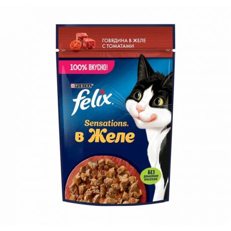 Felix Felix Sensations влажный корм для взрослых кошек, с говядиной и томатами, в желе, в паучах - 75 г