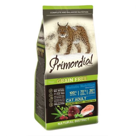 Primordial Сухой беззерновой корм Primordial для взрослых кошек с лососем и тунцом