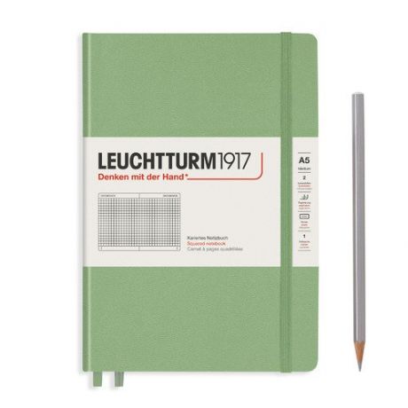 Записная книжка Leuchtturm A5, в клетку, пастельный зеленый, 251 страниц, твердая обложка