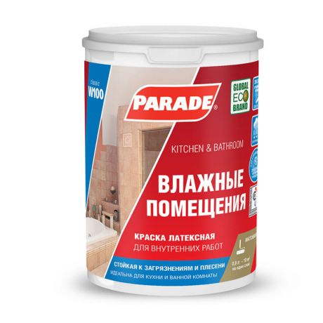 Краска моющаяся Parade W100 Влажные помещения база А белая 0,9 л