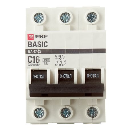 Автоматический выключатель EKF ВА 47-29 (mcb4729-3-16C) 3P 16А тип С 4,5 кА 230/400 В на DIN-рейку