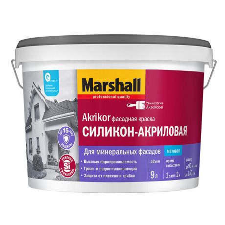 Краска водно-дисперсионная фасадная Marshall Akrikor силикон-акриловая белая основа BW 9 л