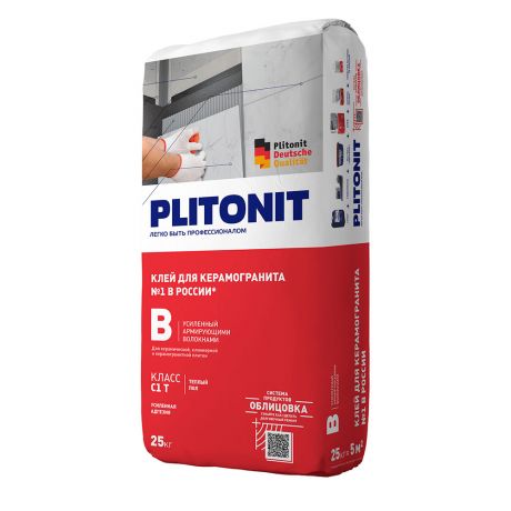 Клей для плитки и керамогранита Plitonit В усиленный с армирующими волокнами серый (класс С1T) 25 кг
