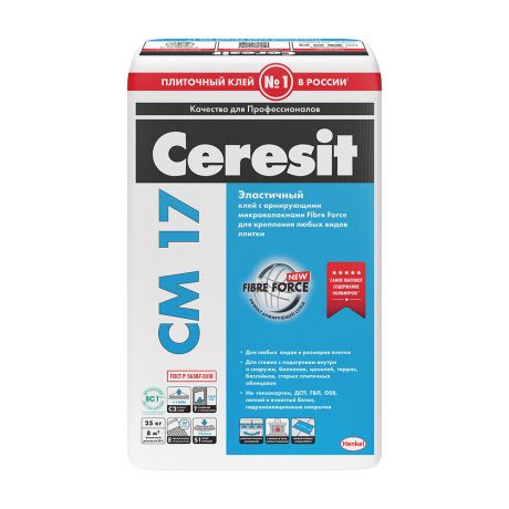 Клей для плитки и керамогранита Ceresit СМ 17 FibreForce эластичный серый (класс С2TE S1) 25 кг