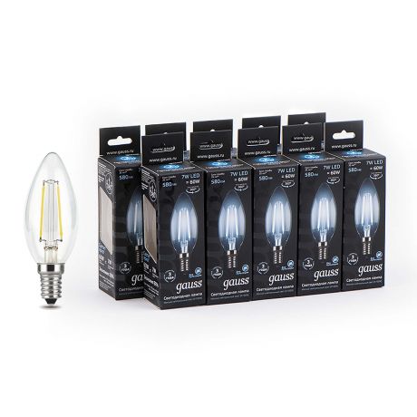 Лампа светодиодная Gauss Filament 7 Вт E14 филаментная свеча 4100К естественный белый свет 150-265 В прозрачная (10 шт.)