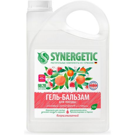 Synergetic Гипоаллергенный гель-бальзам для мытья посуды и детских игрушек биоразлагаемый Розовый грейпфрут и специи, 3,5 л.