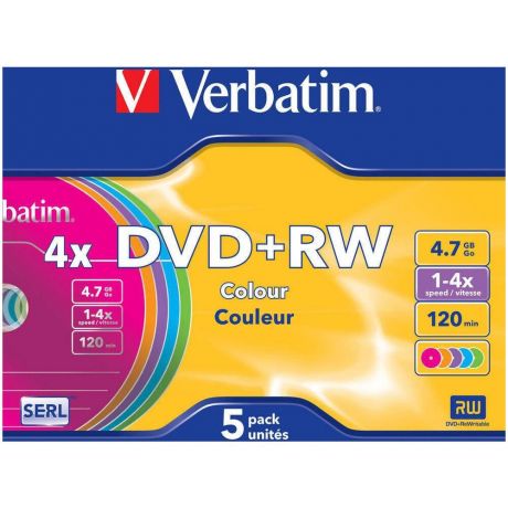 Оптический диск DVD+RW диск Verbatim 4,7Gb 4x 5шт Slim Case Color (43297)