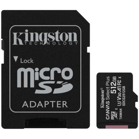 Карта памяти Micro SecureDigital 512Gb SDXC Kingston Canvas Select Plus class10 UHS-I U3 (SDCS2/512GB) + адаптер