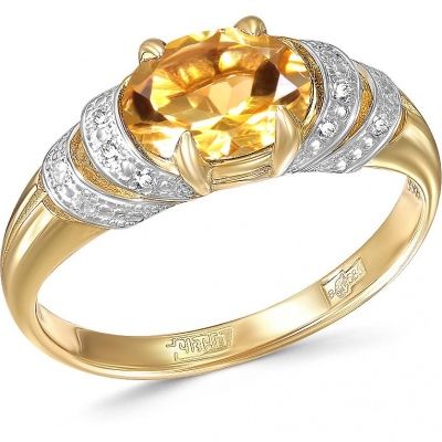 Кольцо с цитрином и фианитами из жёлтого золота