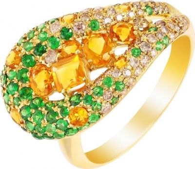 Кольцо с цитринами, цаворитами и бриллиантами из жёлтого золота