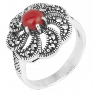 Кольцо с марказитами и кораллами из серебра
