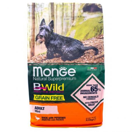 Корм для собак MONGE BWild Grain free Mini мелких пород из мяса утки с картофелем 2.5кг