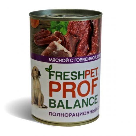Корм для щенков FreshPet Prof Balance с говядиной сердцем и рисом консервированный 410г