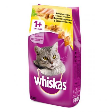 Корм сухой для кошек Whiskas 1.9кг подушечки с паштетом с курицей и индейкой