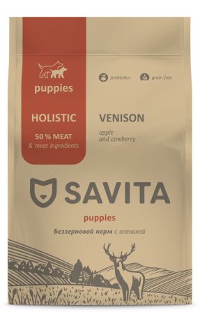 SAVITA Корм SAVITA беззерновой корм для щенков с олениной (10 кг)