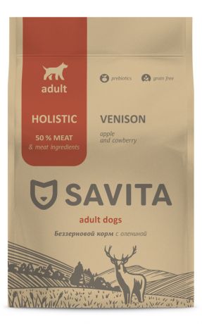 SAVITA Корм SAVITA беззерновой корм для взрослых собак с олениной (4 кг)