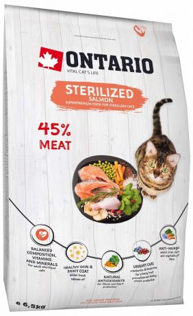 Ontario Корм Ontario для стерилизованных кошек, с лососем (6,5 кг)