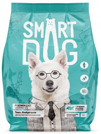 Smart Dog Корм Smart Dog для взрослых собак крупных пород, три вида мяса с ягнёнком, лососем, индейкой (3 кг)