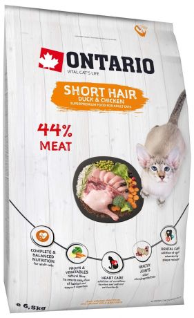 Ontario Корм Ontario для короткошерстных кошек, с курицей и уткой (6,5 кг)