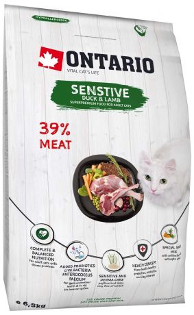 Ontario Корм Ontario для кошек с чувствительным пищеварением, с уткой и ягненком (2 кг)