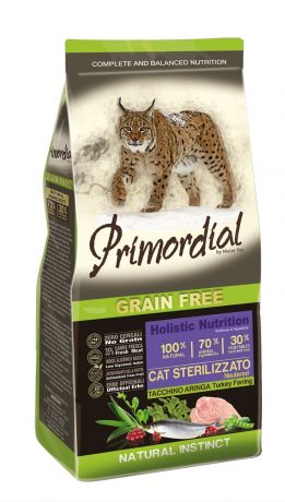 PRIMORDIAL Корм PRIMORDIAL беззерновой корм для стерилизованных кошек, с индейкой и сельдью (2 кг)