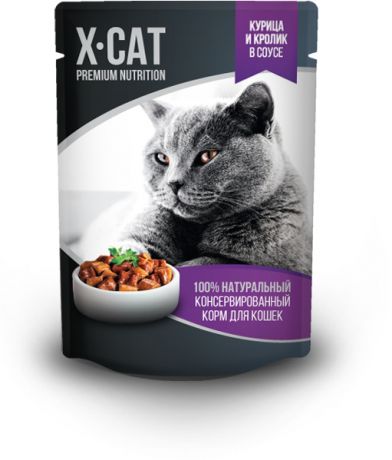X-CAT X-CAT влажный корм c курицей и кроликом в соусе для кошек (85 г)