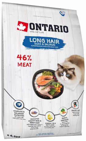 Ontario Корм Ontario для длинношерстных кошек, с уткой и лососем (6,5 кг)