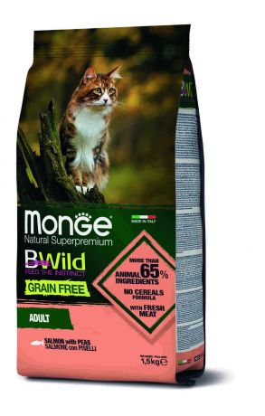 Monge Корм Monge беззерновой для взрослых кошек, с лососем и горохом (1,5 кг)