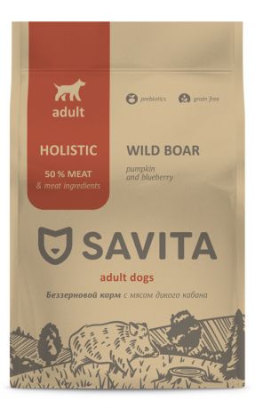 SAVITA Корм SAVITA беззерновой корм для взрослых собак с мясом дикого кабана (4 кг)