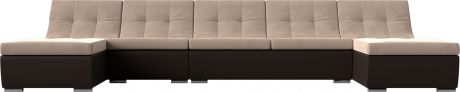 Модульный П-образный диван «Монреаль Long» бежевыйкоричневый, ВелюрЭкокожа