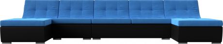 Модульный П-образный диван «Монреаль Long» голубой\черный, Велюр\Экокожа