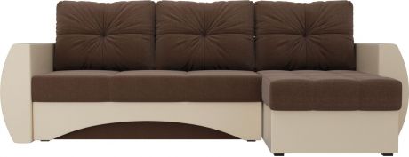 Угловой диван-кровать «Сатурн» КоричневыйБежевый, РогожкаЭкокожа, правый