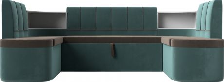 П-образный диван-кровать «Тефида» КоричневыйБирюзовый, Велюр