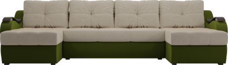 Угловой П-образный диван «Меркурий» бежевый\зеленый, Микровельвет
