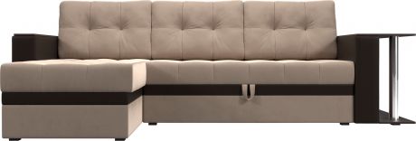 Угловой диван-кровать «Атланта М» бежевый\коричневый, Велюр\Экокожа, левый