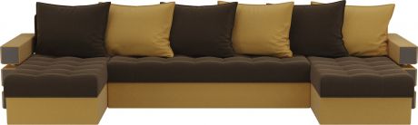 Угловой П-образный диван «Венеция» КоричневыйЖелтый, Микровельвет