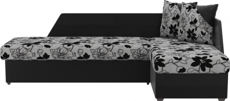 Угловой диван-кровать «Андора» Цветы\Черный, Рогожка\Экокожа, правый