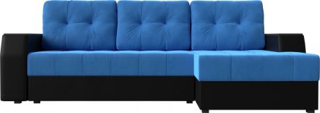 Угловой диван-кровать «Эмир БС» голубойчерный, ВелюрЭкокожа, правый