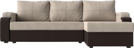 Угловой диван-кровать «Николь Лайт» бежевыйкоричневый, РогожкаЭкокожа, правый