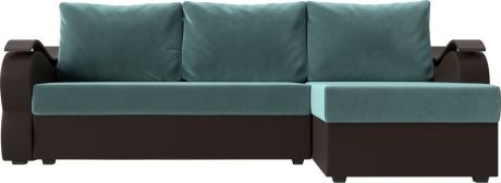 Угловой диван-кровать «Меркурий Лайт» БирюзовыйКоричневый, ВелюрЭкокожа, правый