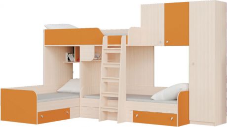 Кровать двухъярусная «Трио/2» Дуб молочный/Оранжевый