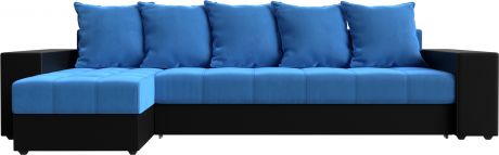 Угловой диван-кровать «Дубай» голубойчерный, ВелюрЭкокожа, левый
