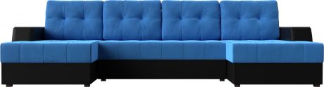 Угловой П-образный диван «Эмир» голубойчерный, ВелюрЭкокожа