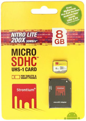 Strontium micro SDHC 8Gb UHS-I Nitro Lite 200x+адаптер (SRL8GTFU1)