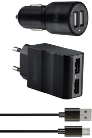 Interstep СЗУ и АЗУ 2,1 А + дата кабель micro USB Black